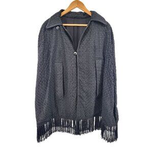 Vintage Black Woven Fringed Poncho With Buttons & Arm Holes